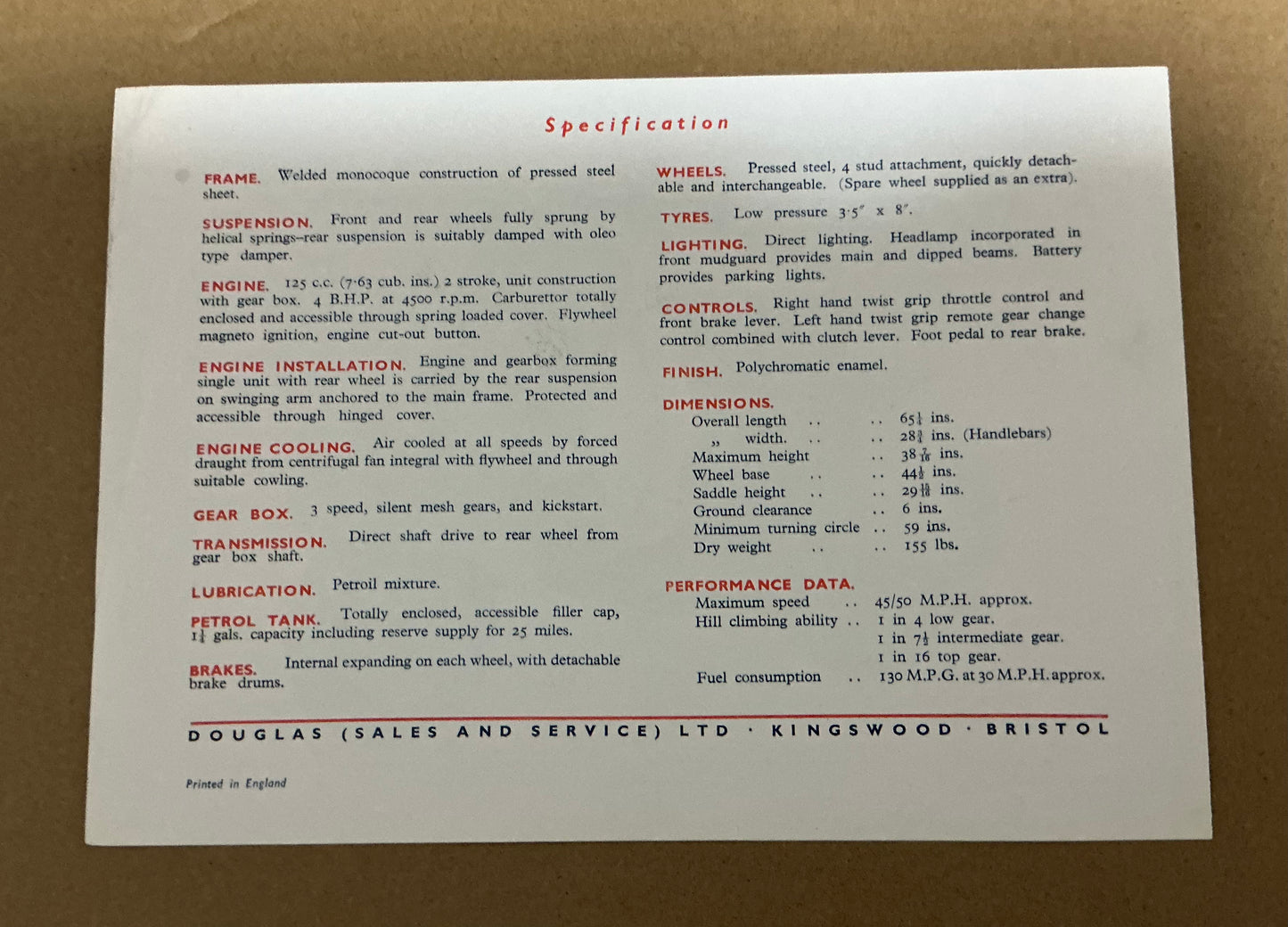 Vespa Douglas, original 1949 first 4 page leaflet, mega rare