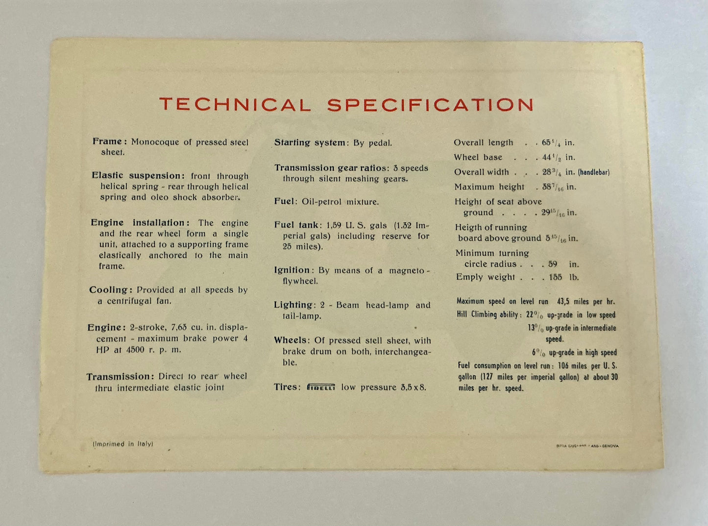 Vespa Piaggio, 1948 very rare original 4 sided leaflet in English