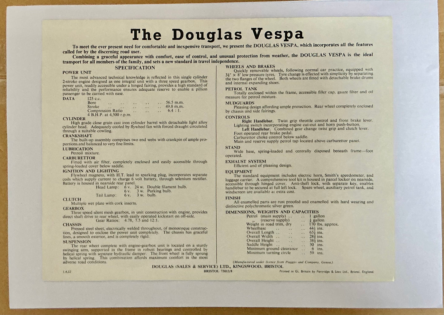 Vespa Douglas original early ROD model 2 sided leaflet , 1951.