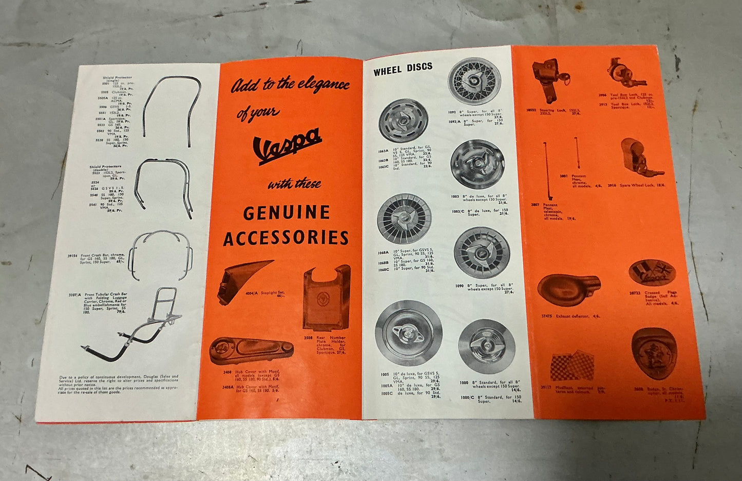 Vespa Accessories NOV/1966 brochure, folds out into a accessory poster