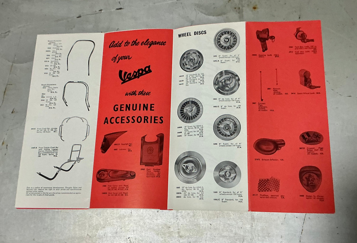 Vespa Accessories brochure that folds out to a poster. July 1966