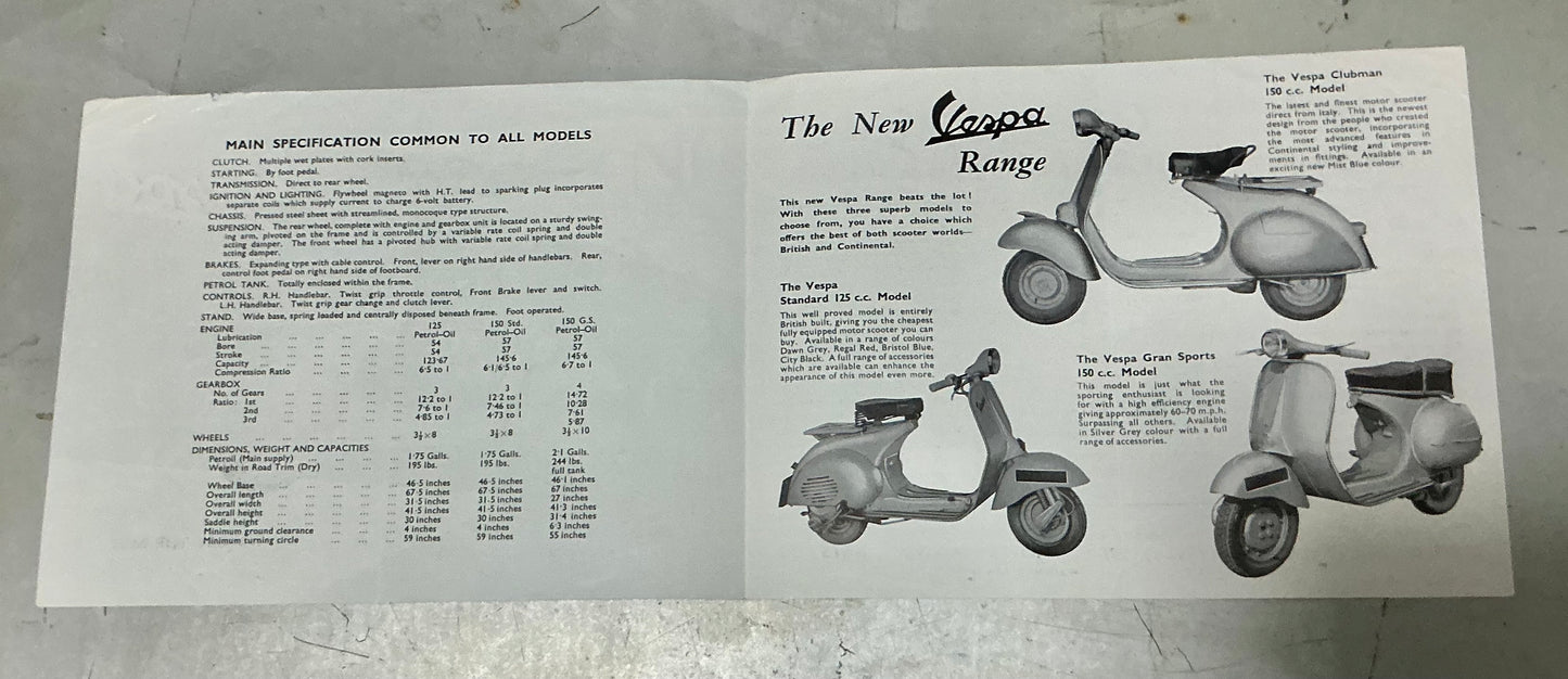 Vespa original 1958 brochure, 125 Standard, Clubman & GS150.