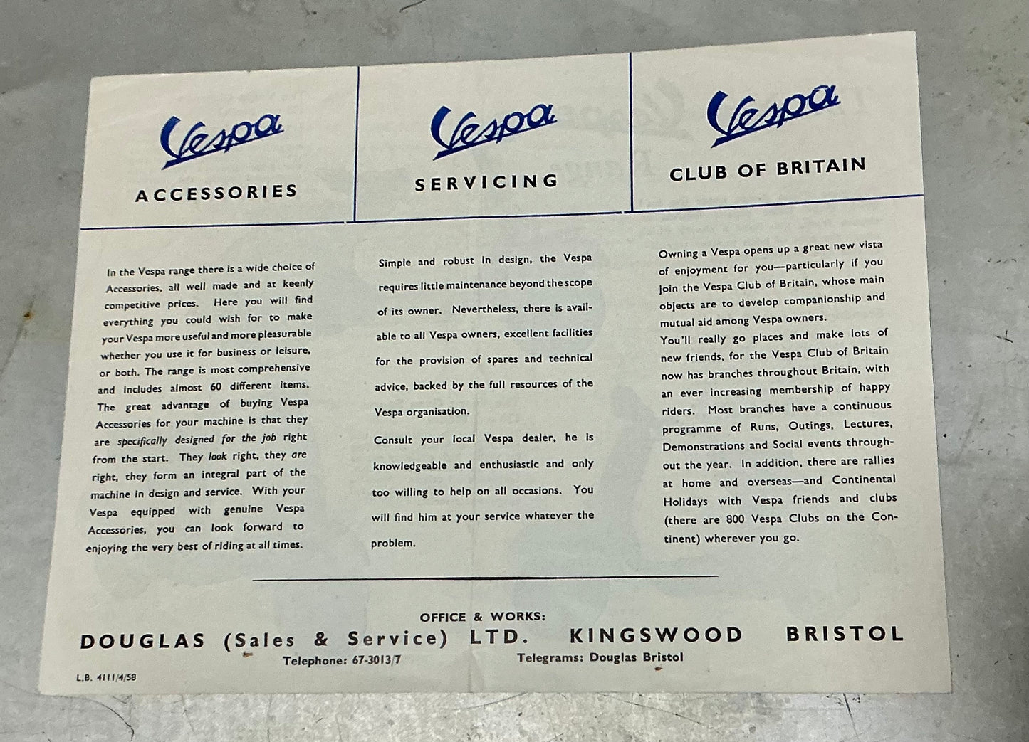 Vespa original 1958 brochure, 125 Standard, Clubman & GS150.